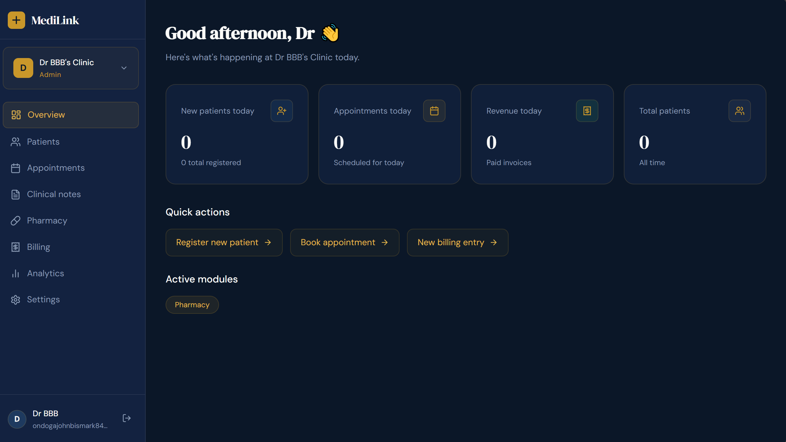 MediLink clinic management dashboard